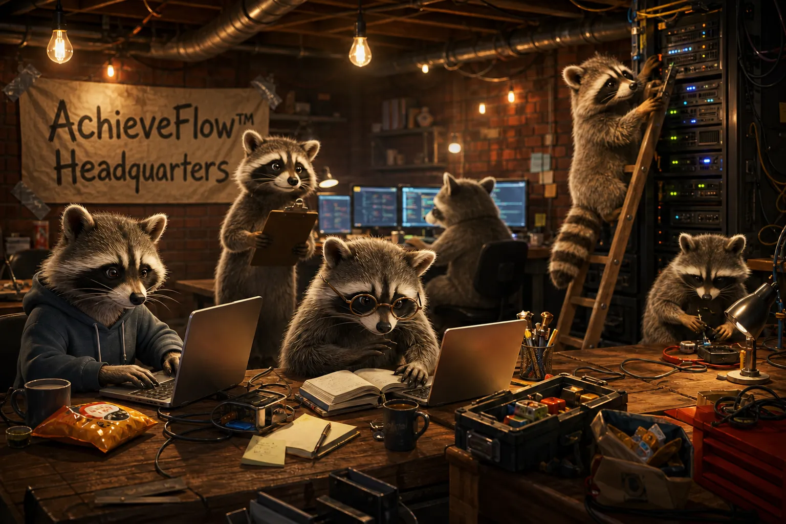 Six raccoons working around computers and server equipment in a basement workshop